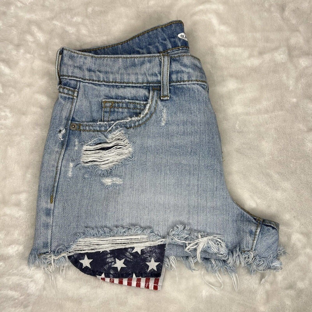Old Navy Boyfriend Blue Stars & Stripes Mid Rise Cut-Off Denim Jean Shorts Sz 0 - Picture 3 of 10